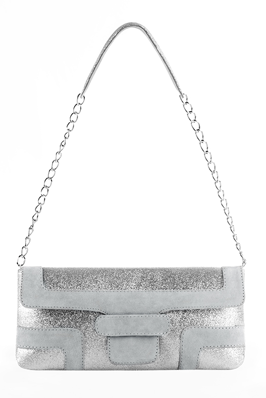 Light silver and pearl grey women's closed back sandals, with crossed straps. Round toe. Very high slim heel with a platform at the front. Worn view - Florence KOOIJMAN